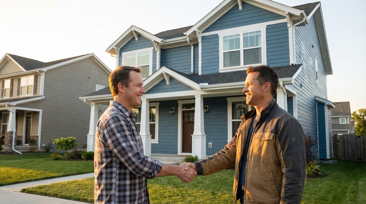 Happy homeowner shaking hands with QC Solutions contractor
